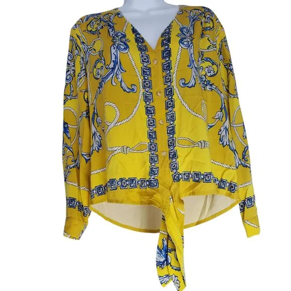 Anthropologie Maeve Elan Scarf Print Blouse 0 Yellow Horse Tie Front Equestrian - Picture 4 of 15